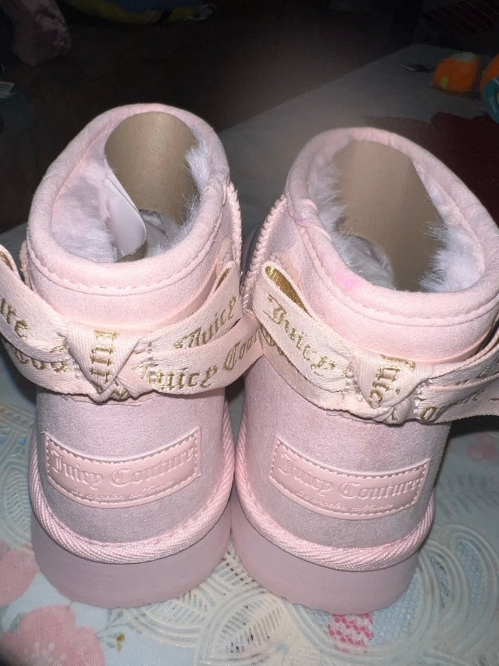 Juicy Couture Pink Faux-Fur Ankle Boots with Gold Logo Strap New